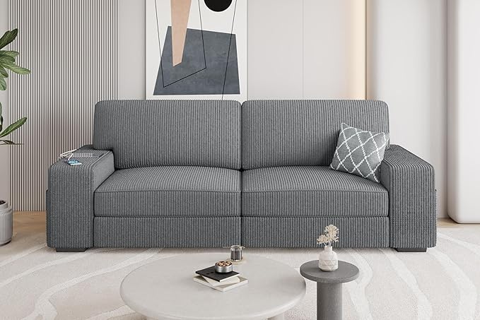 Yaheetech 83.5" W Modern Sofa Couch Corduroy Fabric Sofa with Detachable Cover, USB Charging Ports & Side Storage Pockets for Living Room Apartment, Dark Gray