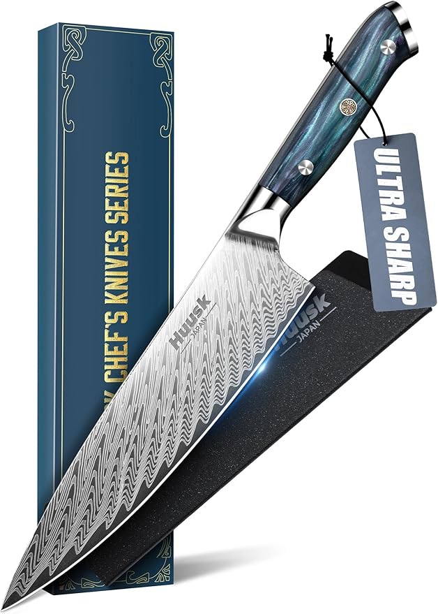Huusk 8" Chef Knife, Stainless Japanese Kitchen Knife with Ergonomic Resin Handle & Sheath, Sharp Kitchen Knives Full Tang, Japanese High Carbon Steel Cooking Knifes, Father's Day Gifts for Dad