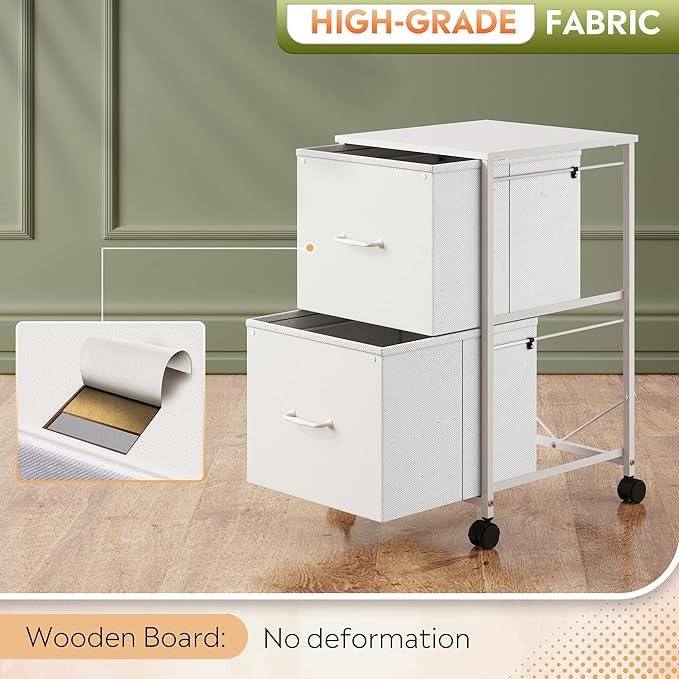 DEVAISE 2 Drawer Mobile File Cabinet, Rolling Printer Stand with Open Storage Shelf, Fabric Vertical Filing Cabinet fits A4 or Letter Size for Home Office, White