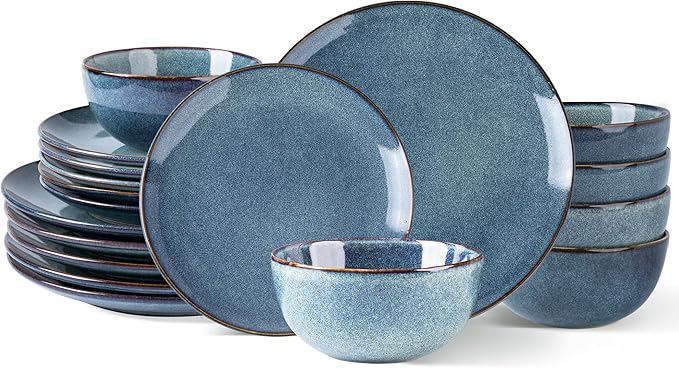 AmorArc Ceramic Dinnerware Sets for 6, 18 Pieces Handpainted Plates and Bowls Set, Scratch Resistant Stoneware Dishes Set, Dishwasher & Microwave Safe, Ceylon Blue