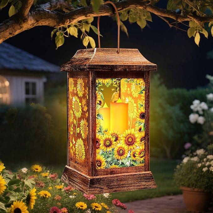 Sunflower Solar Lanterns Outdoor Waterproof, Metal & Glass Hanging Lights Garden Decor, Birthday Gifts for Women Mom Grandma Mothers Day, Decorative Lights for Outside Yard Patio Backyard Porch