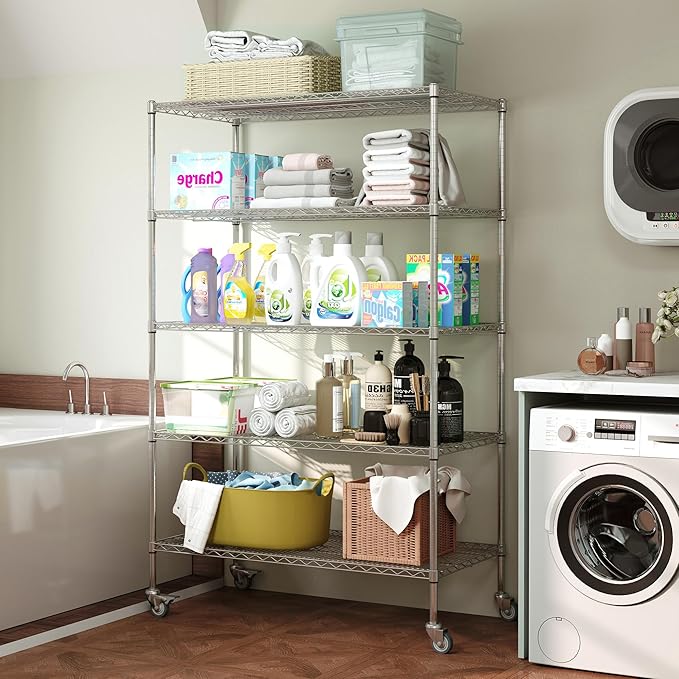 5 Tier Metal Shelving Unit with Wheels, 72" H x 48”W x 24”D Industrial Storage Shelves 1500 LBS Load Capacity, Steel Wire Storage Shelving for Garage, Kitchen, Pantry, Living Room