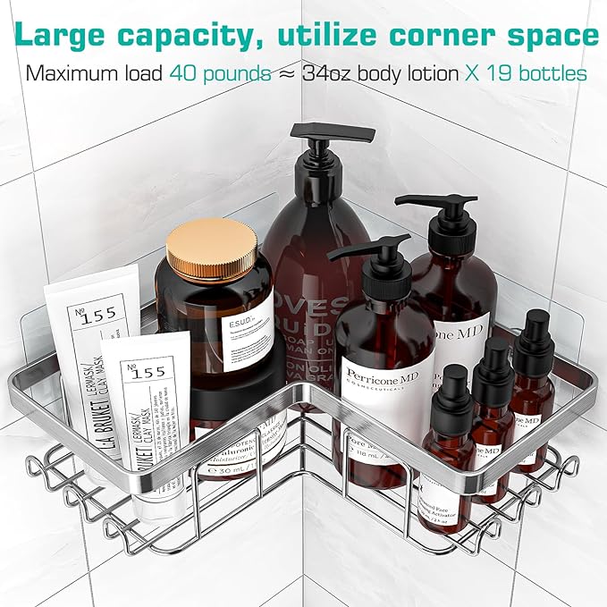 YASONIC Corner Shower Caddy, 3-Pack Adhesive Bathroom Caddy with Soap Holder and 12 Hooks, Rustproof Stainless Steel Shower Organizer, No Drilling Wall Mounted Shower Rack, Brushed Silver