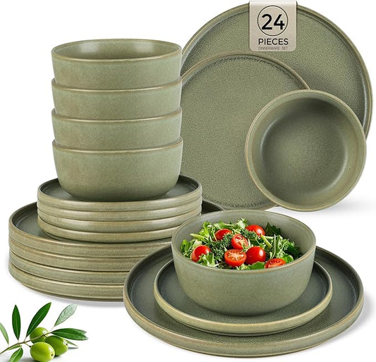 AmorArc Stoneware Dinnerware Sets for 8,Reactive Ceramic Plates and Bowls Set,Highly Chip and Crack Resistant | Dishwasher & Microwave Safe | Round Dishes Set Service for 8 (24pc)