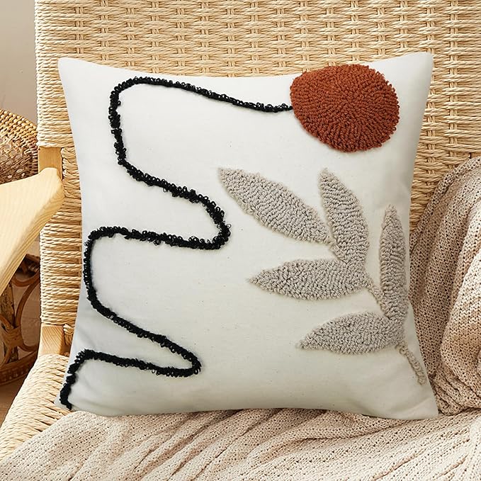 Merrycolor Abstract Boho Pillow Covers Tufted Mid Century Modern Throw Pillows Minimalism Aesthetic Textured Pillow Cover Sun Leaf Boho Pillows Decorative Throw Pillows for Bed Couch Sofa,18x18