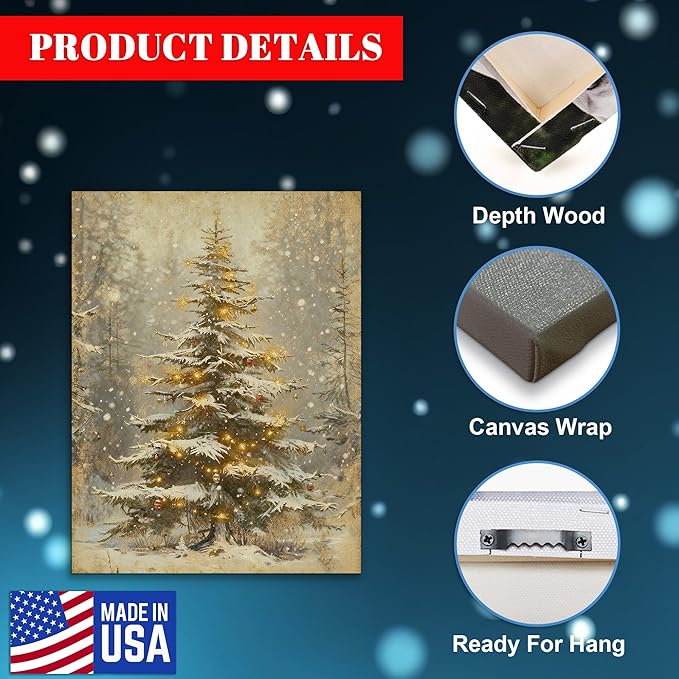 Framed Christmas Pictures Wall Decor,Vintage Pine Tree Prints,Winter Christmas Canvas Wall Art Decoration for Bedroom Bathroom Living Room Rustic Xmas Holiday Gifts (Christmas Tree 2, 16'' X 20'')