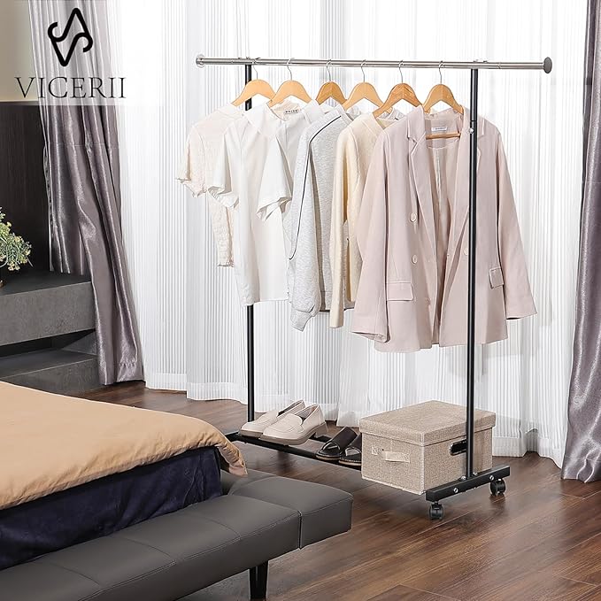 Clothes Rack, 130LB Capacity Heavy Duty Clothing Rack with Wheels and Bottom Shelf, 52.17 Inch Rolling Racks for Hanging Clothes, Coats, Shirts, Sweaters, Skirts, Dress, Black