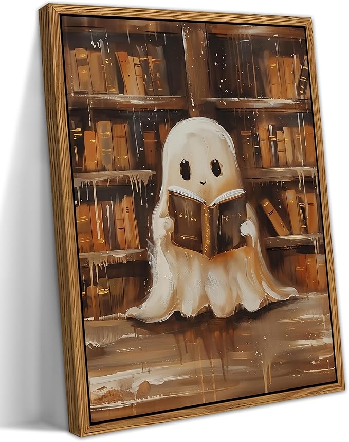 Vintage Framed Ghost Reading Books Canvas Wall Art for Home Office - Halloween Academia Cute Ghost Picture Paintings Prints, Halloween Room Aesthetic Decor for Living Room Bedroom 12x16 inch