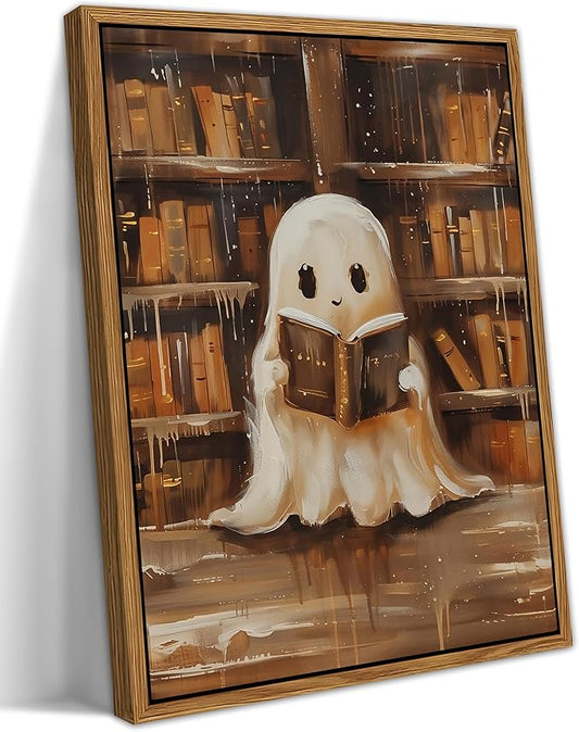 Vintage Framed Ghost Reading Books Canvas Wall Art for Home Office - Halloween Academia Cute Ghost Picture Paintings Prints, Halloween Room Aesthetic Decor for Living Room Bedroom 12x16 inch