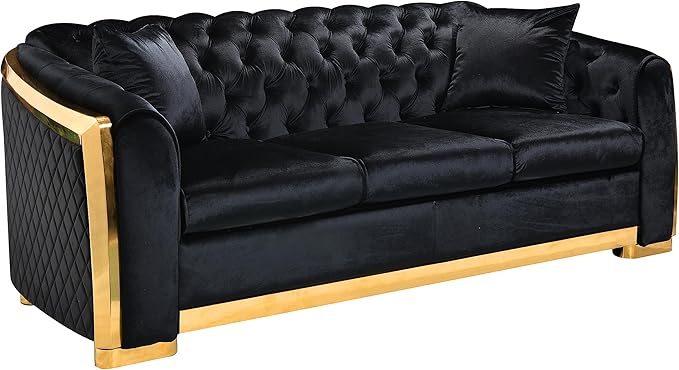 KEIKI 81" Luxury Oversized Velvet Chesterfield Sofa with Gold Stainless Decoration, Mid-Century Style 3-Seater Couch with Tufted Back and Rolled Arms, Easy Assembly, for Apartment, Living Room, Black