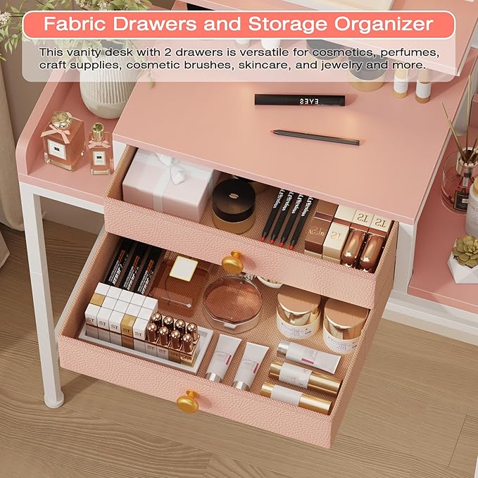 Vanity Desk with Mirror and Lights, 28.4''W Small Makeup Vanity Table with Height-Adjustable Stand, 2 Fabric Drawers Compact Makeup Desk, Gift for Girls, Bedroom Small Space, Pink