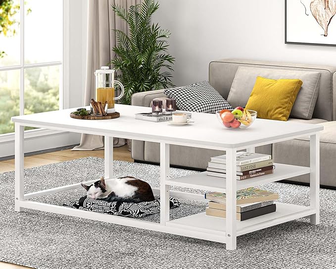 EXCEFUR White Coffee Table, Modern Rustic Wood Center Table with Storage for Living Room, Industrial Rectangle Cocktail Tea Table, 47 Inch