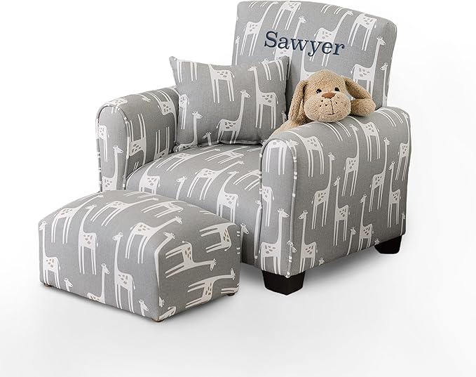 Toddler Personalized Armchair, Kids Upholstered Rocking Chair with Personalization, Toddler Chair with Personalized Name, Comfy Child Armchair, (Grey Giraffes Print, Legs)
