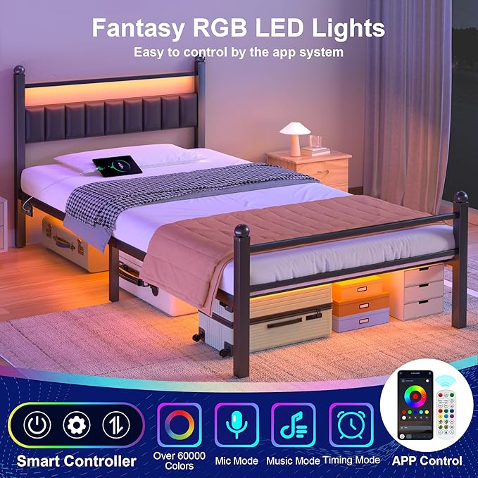 Twin Bed Frames with LED Lights & Charging Station - Metal Platform Bed Frame with Under Bed Storage - Heavy Duty Steel Slats/Upholstered Headboard/Noise-Free/No Box Spring Needed/Easy Assembly/Black