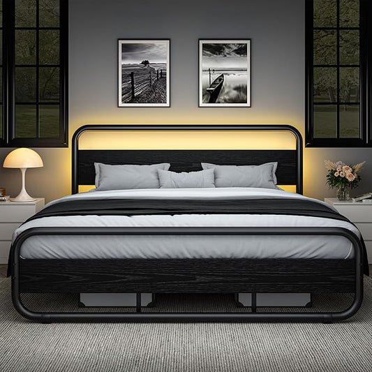 Catrimown King Size Bed Frame, Metal Black Bed Frame with Wood Headboard and Footboard, LED Platform Bed Frame with 12" Under Bed Storage, Noise Free, No Box Spring Needed