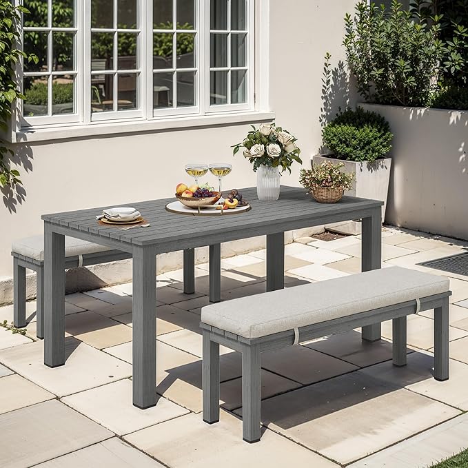 Aluminum Patio Dining Sets, 3 Pieces Patio Table Set, Outdoor Dining Table with 2 Bench, Outdoor Patio Dining Furniture Set with Removable Cushion for Lawn, Garden, Backyard, Grey