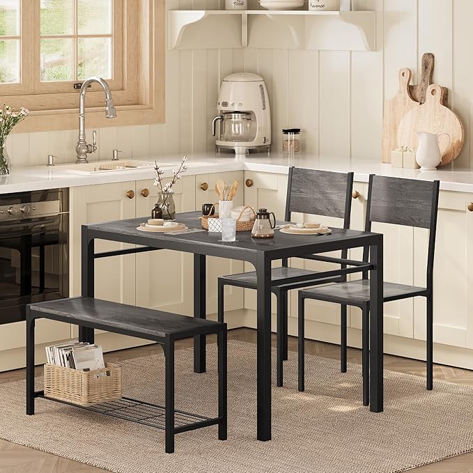 Shahoo Kitchen Table and 2 Chairs for 4 with Bench, 4 Piece Dining Sets for Small Space, Grey Wash