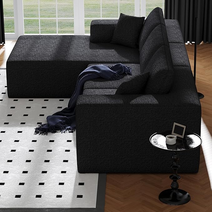 108" Cloud Modular Sectional Couch with L-Shape Chaise, Modern Sectional Sofa with Deep Seat Couch, Ultra Soft Knit Fabric Couches for Living Room, No Assembly Required, Left Facing Chaise (Black)