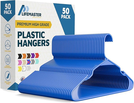 Plastic Clothes Hangers – Heavy Duty Hanger Set, for Organizing Clothes, Dresses, and Coat, Holds Up to 5 lbs, Space-Saving Hangers with Non-Slip Shoulder Grooves, Pack of 50, Blue