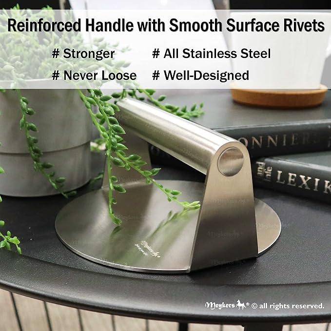 Meykers Burger Smasher 6.3" Smash Press Hamburger & 100 Patty Paper | for Griddle Grill Pan Skillet | Weight Gain Flat Presser Smashburger Maker 304 Stainless Steel | Meat Bacon Sandwich Tool Kit