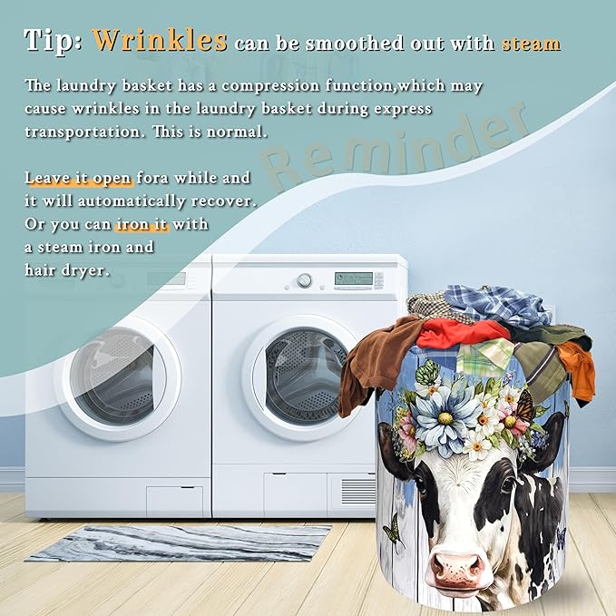 Cute Cow Laundry Basket Foldable Oxford Cloth Animal Cows Laundry Hamper With Handle Portable Clothes Storage Basket 18.9 X 16.5 Inch Storage Bag For Laundry Room/Bathroom/Bedroom