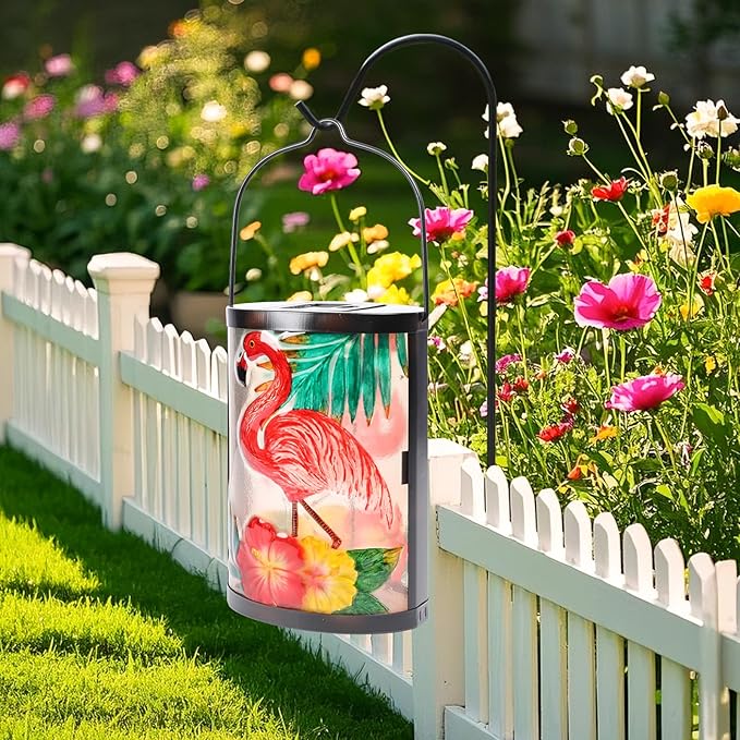 Hanging Solar Lantern Outdoor Waterproof Flamingo Solar Lights Glass Tabletop Decorative Lamp for Outdoor Patio Garden Outside Yard Decor