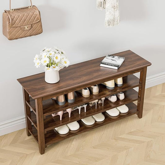 Wooden Storage Shoe Bench, Entryway Bench with 3-Tiers Height Adjustable, Shoe Rack Front Doors Entrances for Hallway Living Room,Mudrooms (Brown,39.4")