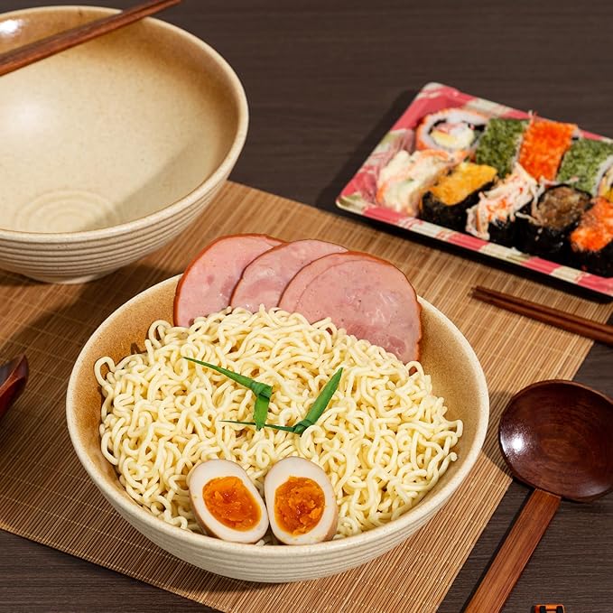 8 Inch Ceramic Ramen Bowl Set of 2, 40oz Japanese Bowls with Spoons & Chopsticks,Durable,Microwave & Dishwasher Safe,Perfect for Ramen,Pho,Salad,Soup,Noodles，Mixing bowls（Amber）
