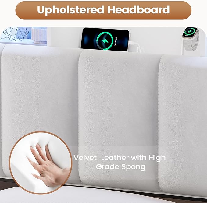 AOGLLATI Twin Bed Frame with 4 Storage Drawers & Charging Station & LED Lights, Twin Bed Frames with Stylish Bookcase Headboard, Led Bed Frame with Metal Slats, No Box Spring Needed,White