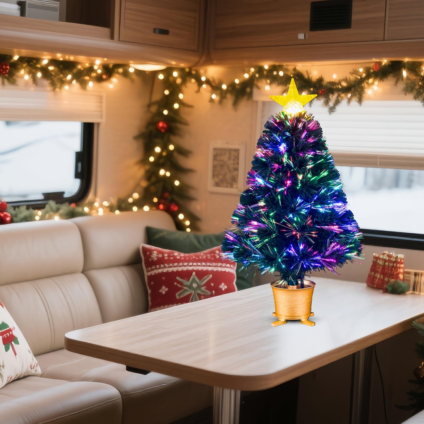 YUETJIN 24inch Pre-lit Mini Fiber Optic Tabletop Artificial Christmas Tree，Small Xmas Tree with Stars Decorations-Gold