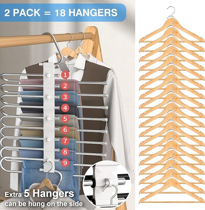 Upgrade 9 Layers Pants Hangers Space Saving, Non Slip Stainless Steel Multifunctional Pants Rack S-Type Clothes Pant Closet Hanger Organizer for Pants Jeans Trousers Scarf Skirts(4 Pack, Antiquewhite)