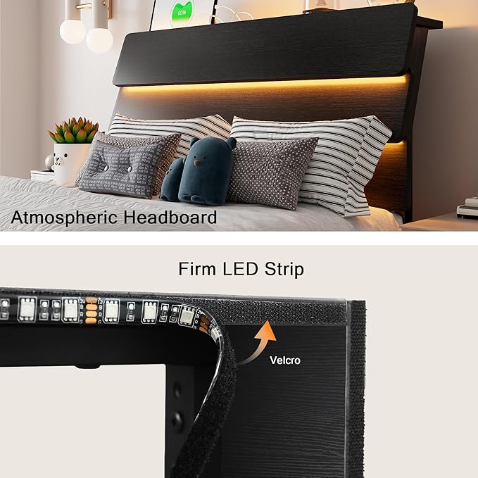 Floating Bed Frame Twin Size with Led Headboard and Charging Station, Metal Platform Bed Base with Storage, Remote Control, Heavy Slats Support, No Box Spring Needed, Noise Free, Black