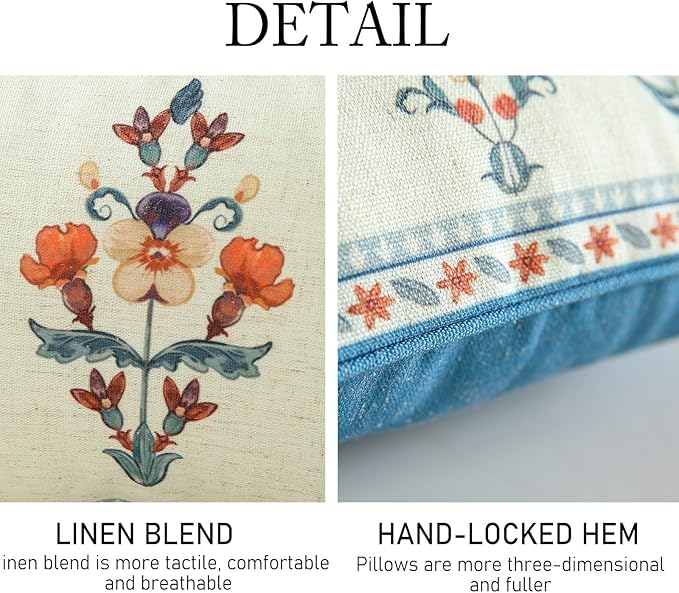 Design Lumbar Linen Throw Pillow Covers 12"x20" Pack of 2, Blue Country Cushion Covers with Colorful Wildflower Pattern Decor Rectangle Pillowcases for Bed,Living Room,Outdoor,Car