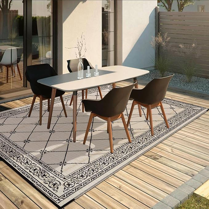 Outdoor Rug 8'x10' for Patios Waterproof Patio Rugs Outdoor Mats for Front Porch,Beach Mat,Reversible Plastic Straw Camping Rugs for Outside RV,Deck,Balcony,Backyard，Black&Beige