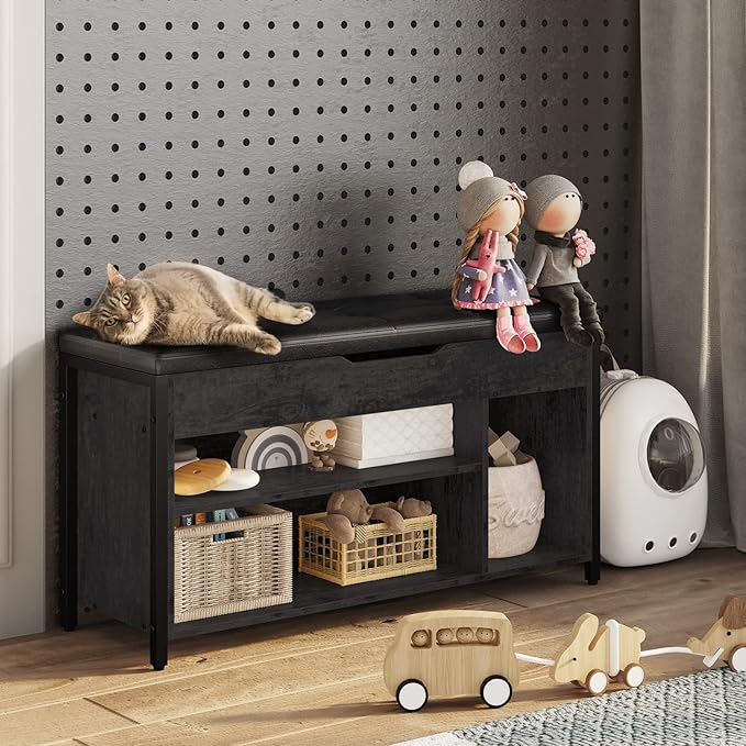 Shoe Bench, Lift Top Shoe Storage Bench, Adjustable Shelf Entryway Bench, Metal and Wood Shoe Rack Organizer with Cushion for Entry, Bedroom, Closet, Living Room, Hallway (Black, 35.5" W)