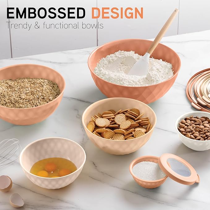 COOK WITH COLOR Mixing Bowls with Lids - 12 Piece Plastic Nesting Bowls Set includes 6 Prep Bowls and 6 Lids, Diamond Design - Microwave Safe (Mint)