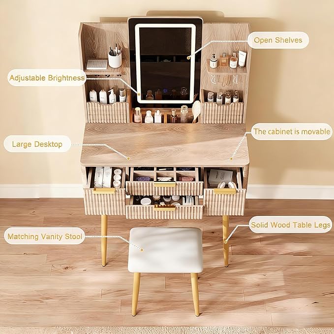 Casaphoria Vanity Desk with LED Mirror Lights, 4 Drawers & Jewelry Storage, Yellow Brown Makeup Dressing Table with Metal Legs and PU Stool for Bedroom Girls Women