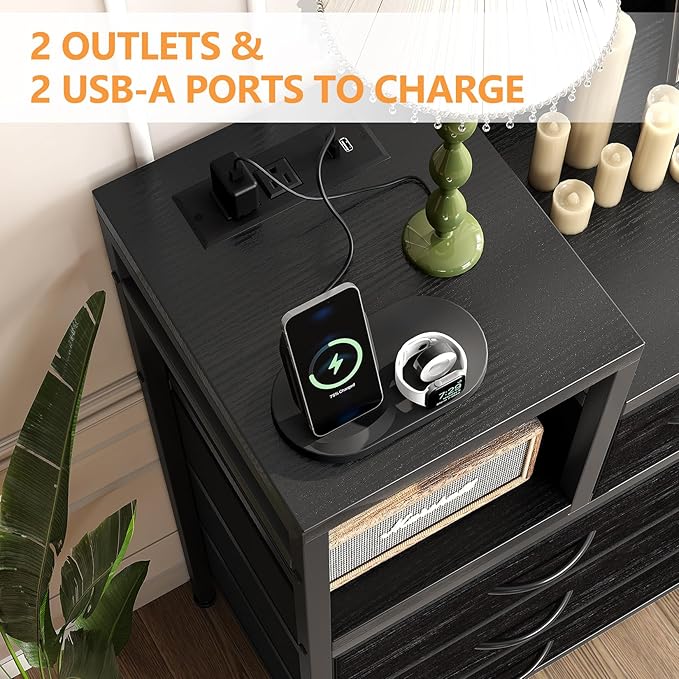 Jojoka TV Stand with Charging Station, Bedroom Dresser for Living Room TV Stand with 9 Drawers,（Black Willow）