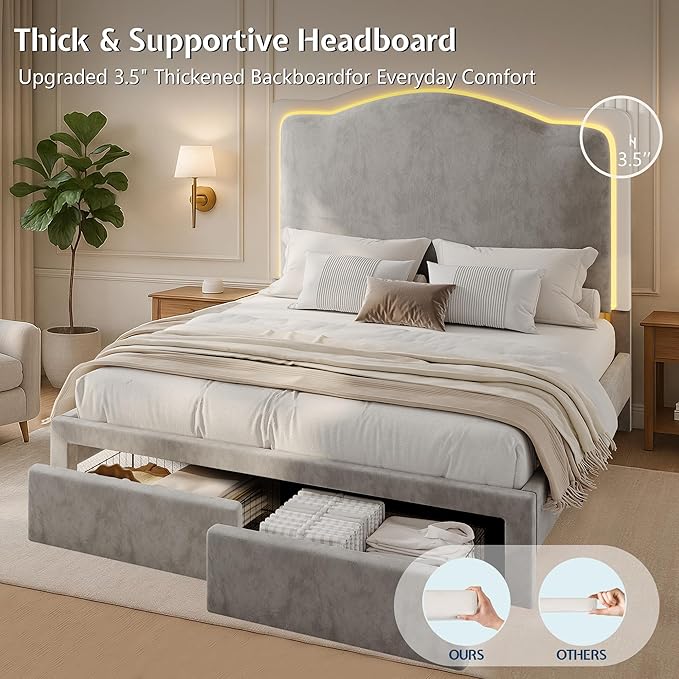 Jocisland Full Bed Frame with 51" Tall & Thick Adjustable Headboard, Storage Drawers, RGB LED Lights, No Box Spring Needed, Velvet Upholstered, Grey