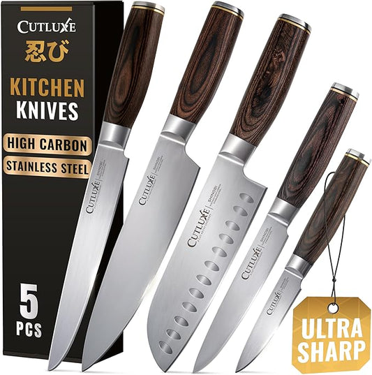Cutluxe 5-Piece Chef Knife Set – Ultra Sharp Japanese Kitchen Knives, High Carbon Stainless Steel Blades, Full Tang Pakkawood Handles – Shinobi Series