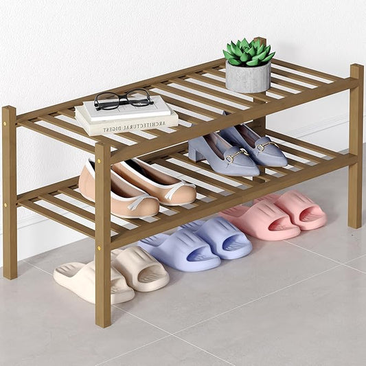 Smiry Bamboo Shoe Rack for Closet, 2 Tier Wooden Stackable Shoe Organizer, Free Standing Shoes Storage Shelf for Entryway, Front Door Entrance, Walnut