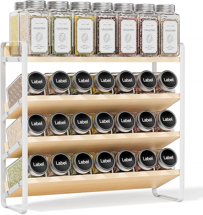 MUDEELA 4 Tier Spice Rack Organizer for Cabinet, Vertical Spice Shelf, Wooden Material, Seasoning Organizer for Countertop, Kitchen, Pantry, Freestanding, 13.4" W × 11.2" H (No Jars Included), White