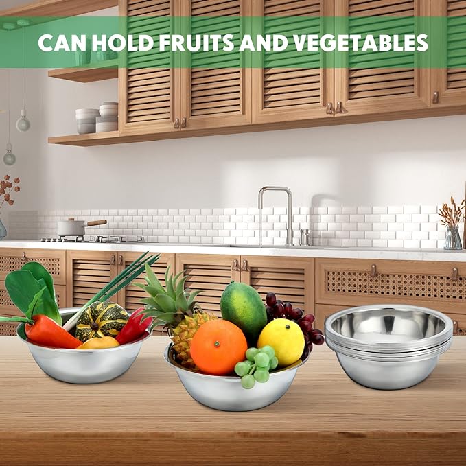 Pinkunn Set of 12 Stainless Steel Mixing Bowls, Nesting Metal Prep Salad Bowl Bulk Kitchen Large Reusable Baking Food Container for Hotel Restaurant Home Cooking, Silver(11.8 x 3.74 Inch)