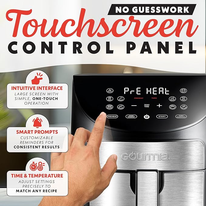 Gourmia Digital Air Fryer – 7 QT, FryForce 360° Technology, 10 Presets, Guided Cooking Prompts, Auto Shut-Off, Dishwasher Safe Basket, 1500W, black/Stainless Steel