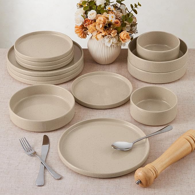E-far Dinnerware Sets for 8, 24-Piece Stoneware Plates and Bowls Dish Set, Modern Kitchen Dinning Dishware, Chip and Scratch Resistant, Microwave & Dishwasher Safe, Speckled Khaki