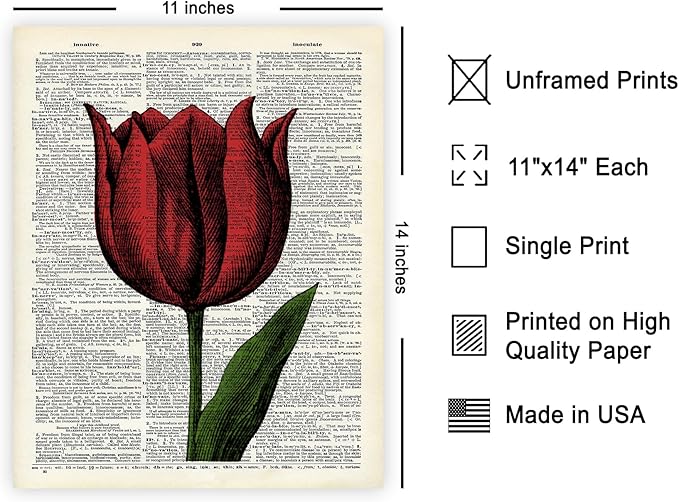 Poster Master Dictionary Art Poster - Tulip Print - Red Flower Art - Floral Art - Gift for Men, Women & Florist - Minimal Decor for Living Room, Bedroom, Dorm or Flower Shop - 11x14 UNFRAMED Wall Art