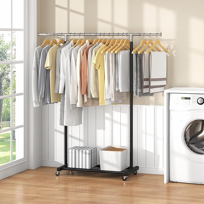 JIUYOTREE Rolling Clothes Rack with Dense Mesh Storage Shelf Clothing Garment Rack with Wheels Width Adjustable Clothing Organizer for Hanging Clothes Shirts Pants Skirts and Bags Black