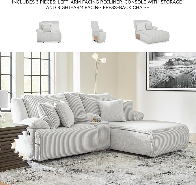 Signature Design by Ashley Top Tier Casual L-Shaped 3-Piece Reclining Sectional Sofa with Chaise, Console Storage and 4 Accent Pillows, White