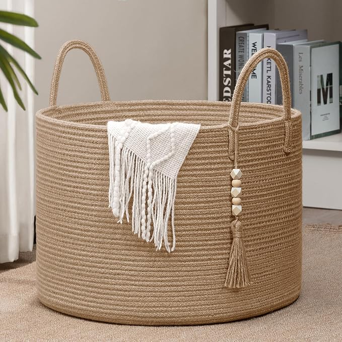 Goodpick Large Wicker Laundry Basket Jute Woven Basket for Clothes, Shoes, Towels, Decorative Storage Basket in Living Room, Bathroom, Entryway, Round Toy Basket 17.7 x 12.6 Inches, Jute