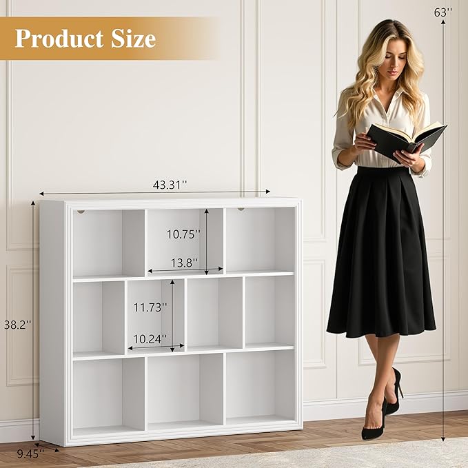 Book Shelf with 10-Cube, 43” Wide Bookshelf with Anti-Tip Device, 38” Tall Open Bookcase, Modern Display Organizer Book Case for Home Office, Entryway, Living Room, Bedroom, Study Room